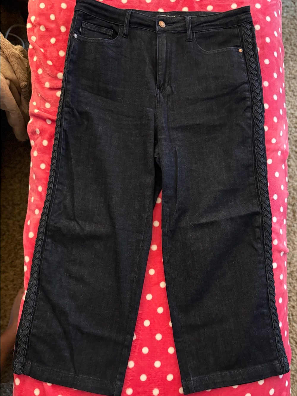 Judy Blue Wide Leg Jeans 13/31 Black Rinse Braided Side Trim Stretch Denim